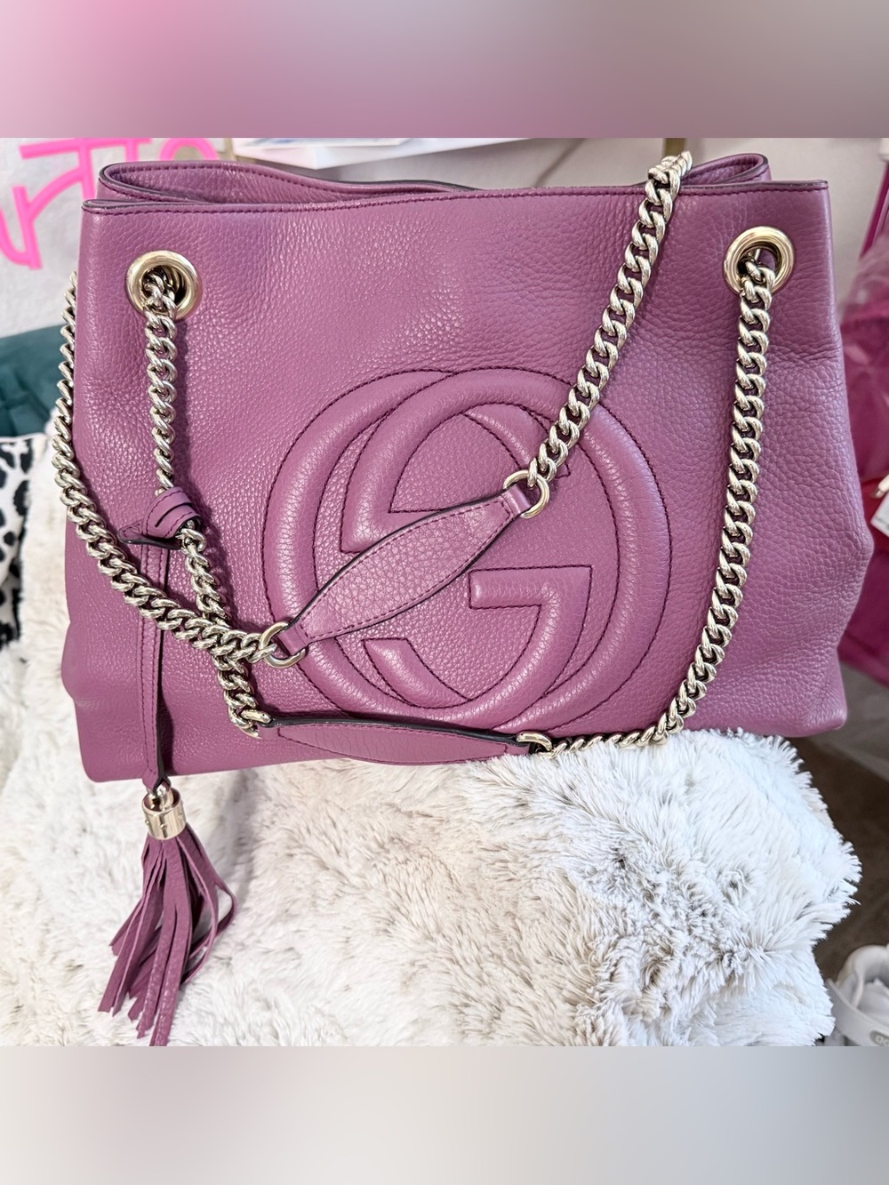 ✨GUCCI✨ Soho Chain Tote Bag Shoulder Purple Leather✨MED🫶🏻
